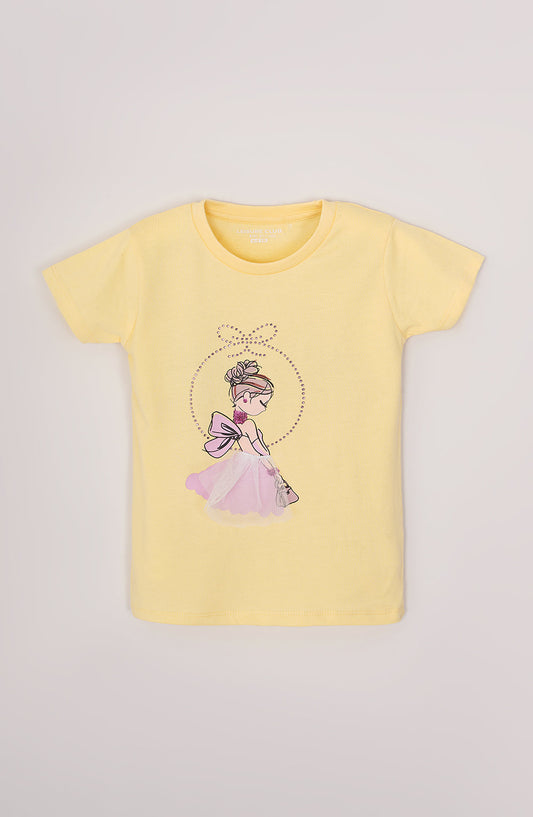 Girls Printed Tee With Denim Short - IGSU710325