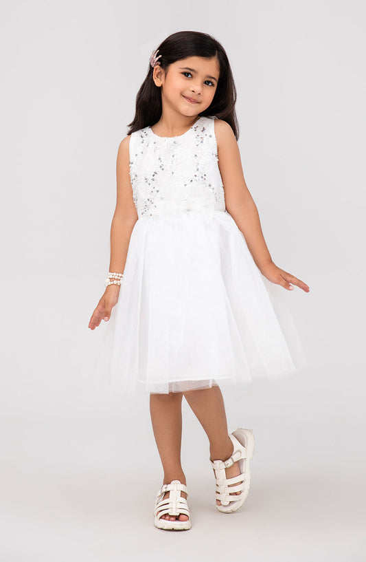 Girls Sequenced White Dress - IGWD722325