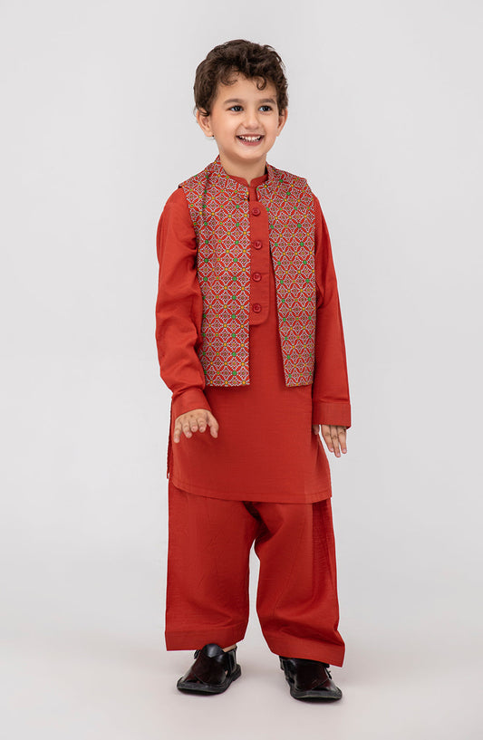 Boys Printed Waistcoat 3 Piece Suit - SIS714125